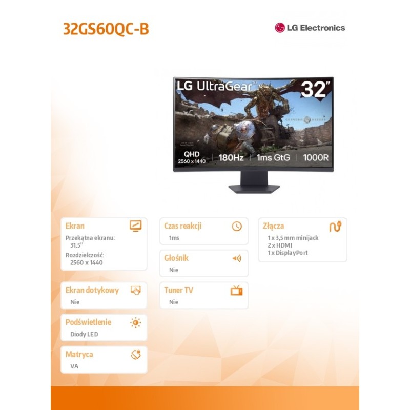 Monitor 32GS60QC-B 31.5 cala QHD 1000R Curved 180Hz | PartsPC.pl