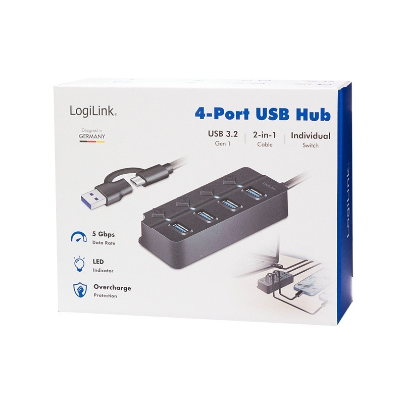 HUB 4xUSB-A, Gen1, 4x ON/OFF, czarny | PartsPC.pl