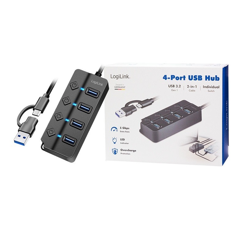 HUB 4xUSB-A, Gen1, 4x ON/OFF, czarny | PartsPC.pl