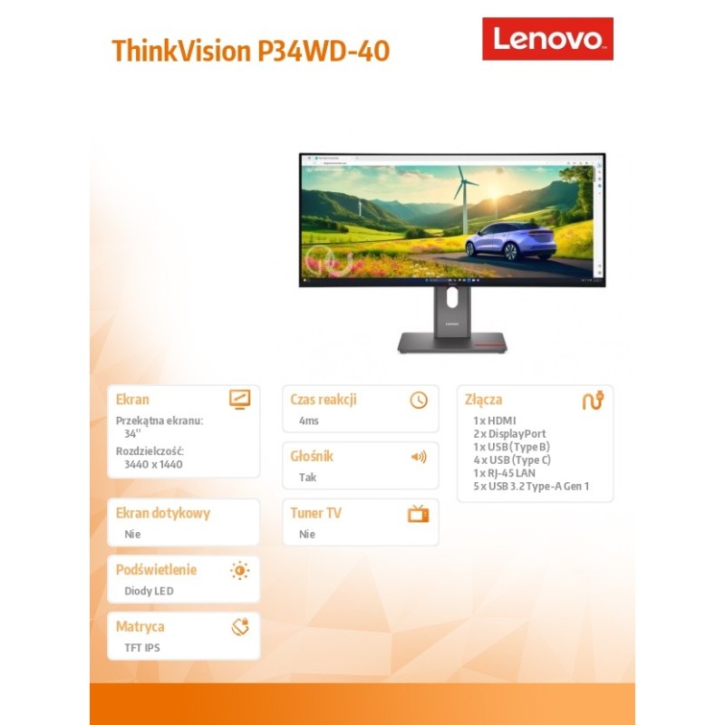 Monitor ThinkVision P34WD-40 34 cale 64ADZAT1EU | PartsPC.pl