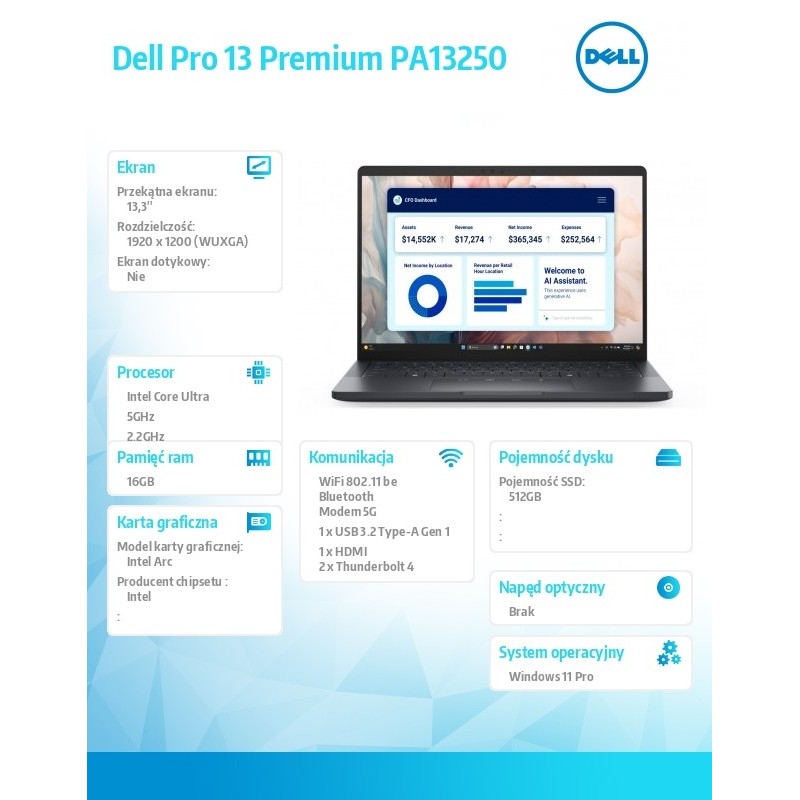 Laptop Dell Pro 13 Premium PA13250 W11P U7-266V/16GB/512GB S… | PartsPC.pl