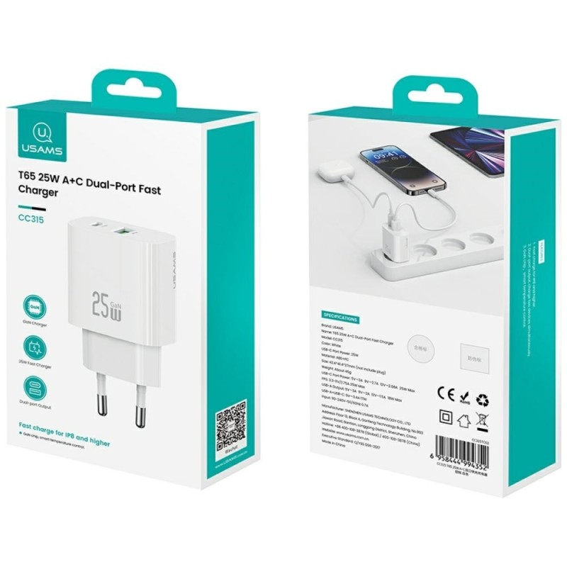 Ładowarka sieciowa 25W 1xUSB-A 1xUSB-A fast charging Biała | PartsPC.pl