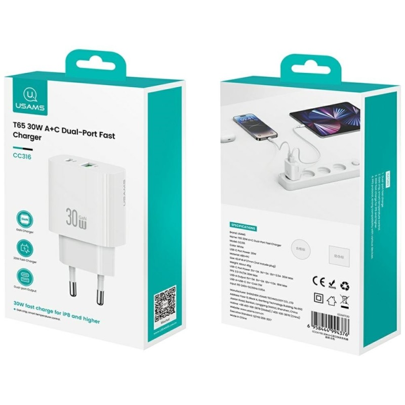Ładowarka sieciowa 30W 1xUSB-C 1xUSB-A Fast charging Biała | PartsPC.pl