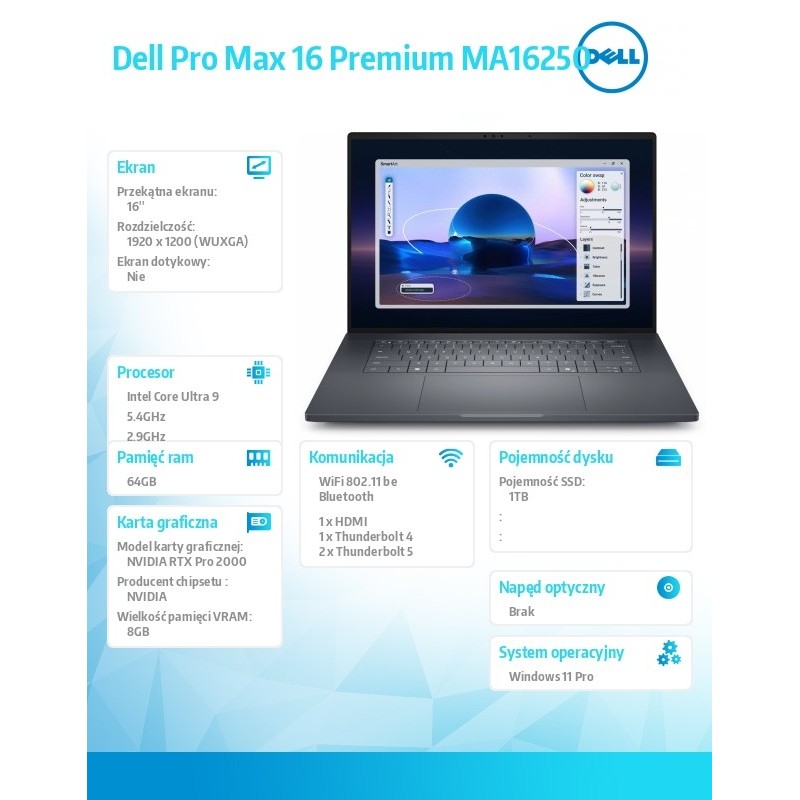 Stacja robocza Dell Pro Max 16 Premium MA16250 W11P U9-285H|… | PartsPC.pl
