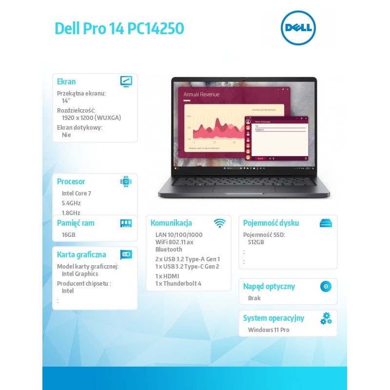 Laptop Dell Pro 14 PC14250 W11P C7 150U/16GB/512GB CL25/FgrP… | PartsPC.pl