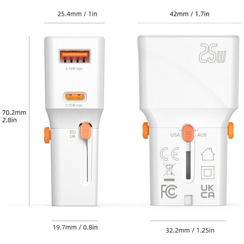 Ładowarka podróżna World Travel 25W USB-C + USB-A Biała | PartsPC.pl