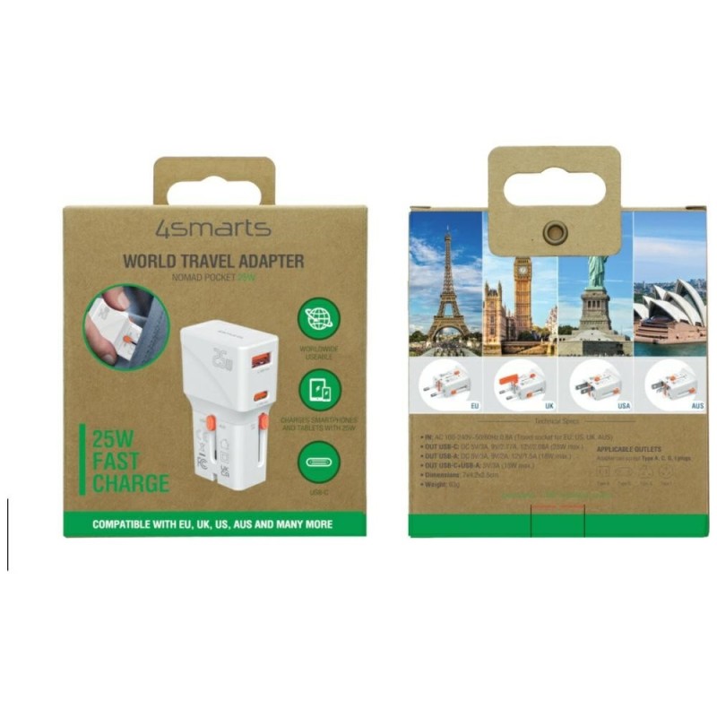 Ładowarka podróżna World Travel 25W USB-C + USB-A Biała | PartsPC.pl