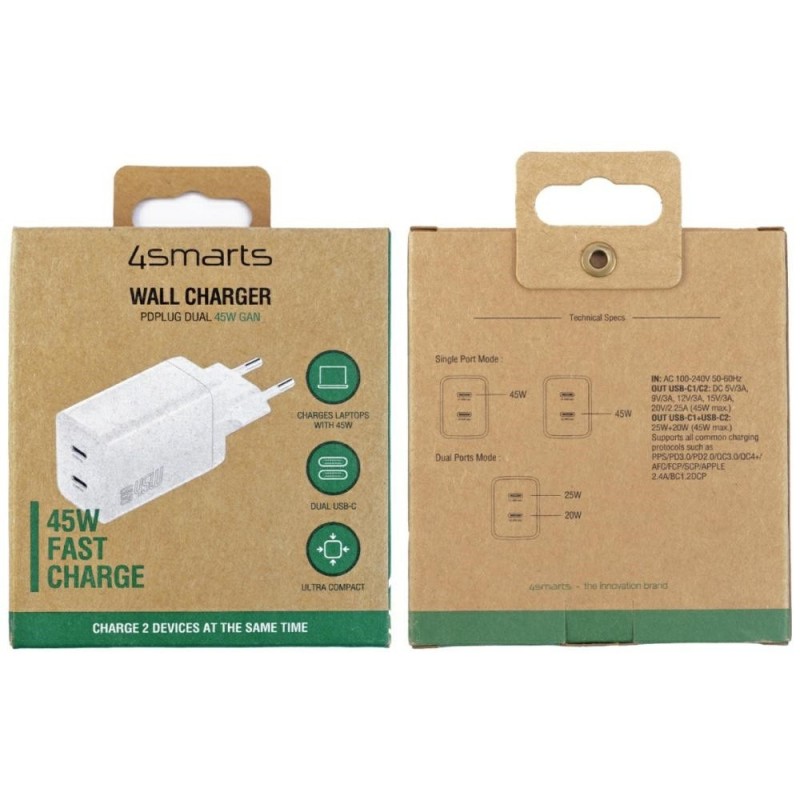 Ładowarka sieciowa PDPlug Dual 45W 2xUSB-C Biała | PartsPC.pl