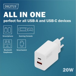 Ładowarka sieciowa DIGITUS 20W, 1x USB-C, 1x USB-A, PD 3.0, … | PartsPC.pl