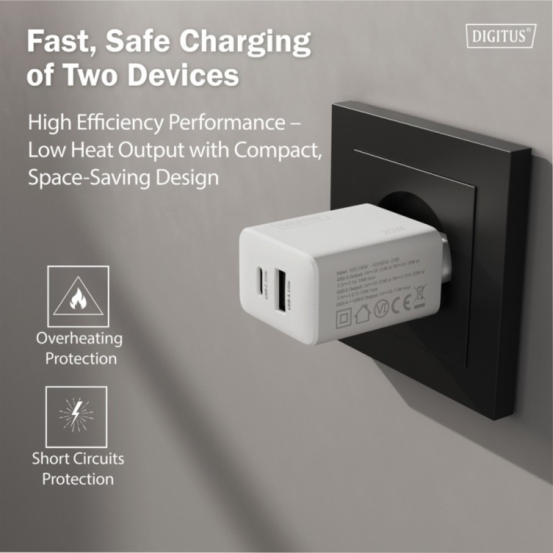 Ładowarka sieciowa DIGITUS 20W, 1x USB-C, 1x USB-A, PD 3.0, … | PartsPC.pl
