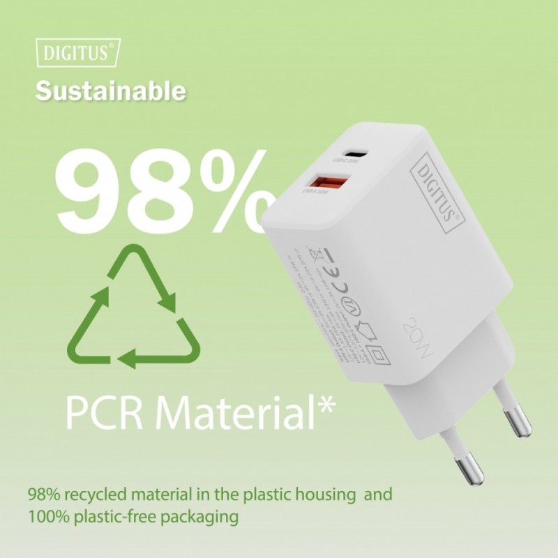 Ładowarka sieciowa DIGITUS 20W, 1x USB-C, 1x USB-A, PD 3.0, … | PartsPC.pl