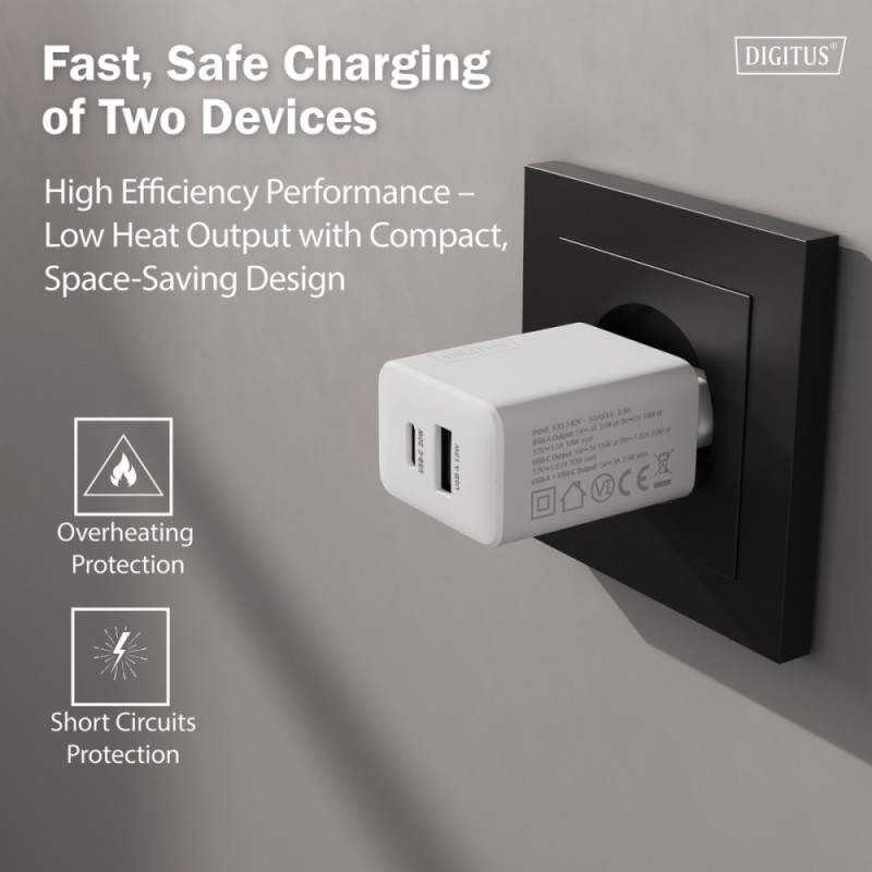 Ładowarka sieciowa DIGITUS GaN II 30W, 1x USB-C, 1x USB-A, P… | PartsPC.pl