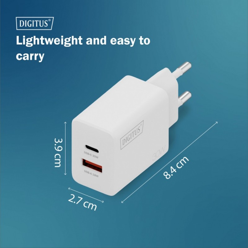 Ładowarka sieciowa DIGITUS GaN II 30W, 1x USB-C, 1x USB-A, P… | PartsPC.pl