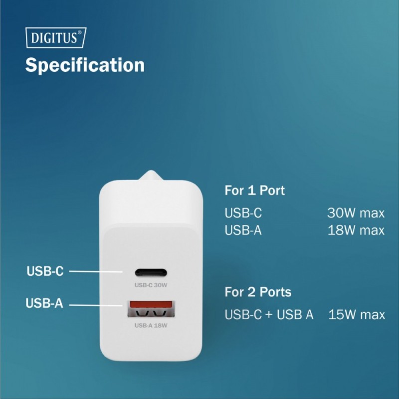 Ładowarka sieciowa DIGITUS GaN II 30W, 1x USB-C, 1x USB-A, P… | PartsPC.pl