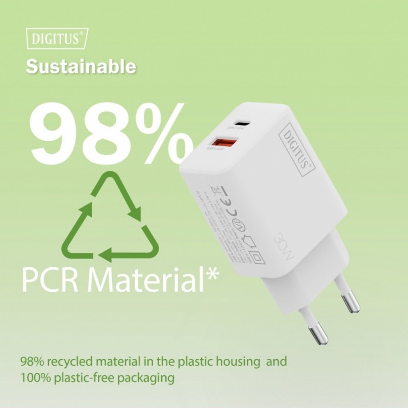 Ładowarka sieciowa DIGITUS GaN II 30W, 1x USB-C, 1x USB-A, P… | PartsPC.pl
