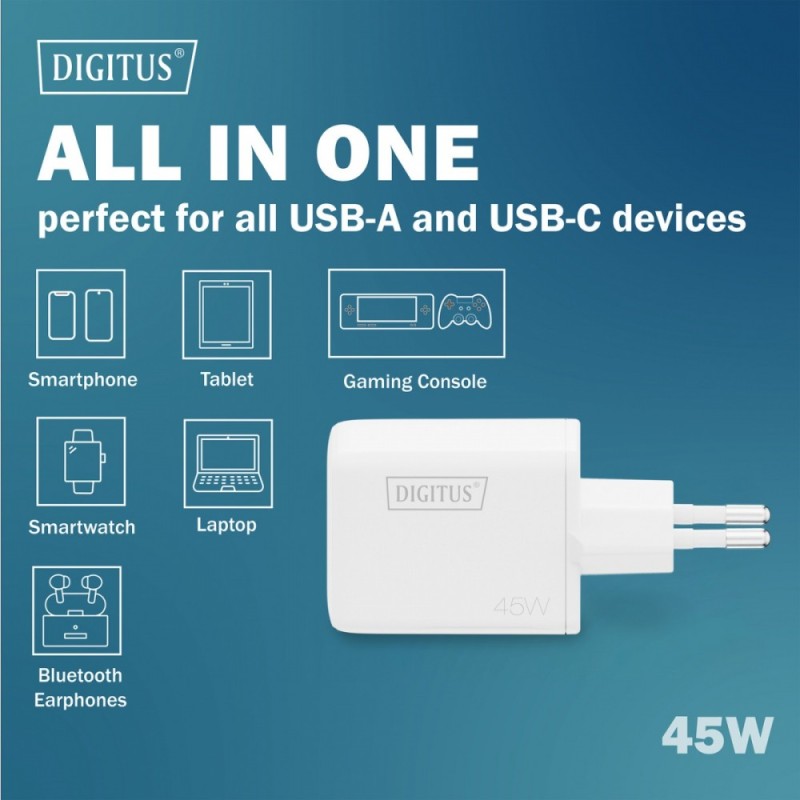 Ładowarka sieciowa DIGITUS GaN II 45W, 1x USB-C, 1x USB-A, P… | PartsPC.pl