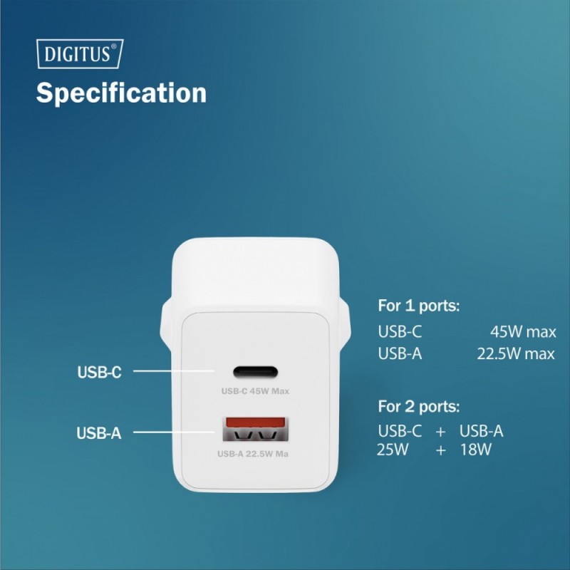 Ładowarka sieciowa DIGITUS GaN II 45W, 1x USB-C, 1x USB-A, P… | PartsPC.pl