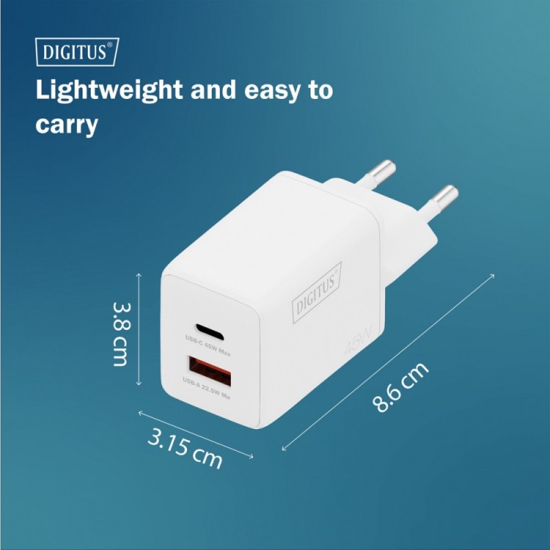 Ładowarka sieciowa DIGITUS GaN II 45W, 1x USB-C, 1x USB-A, P… | PartsPC.pl