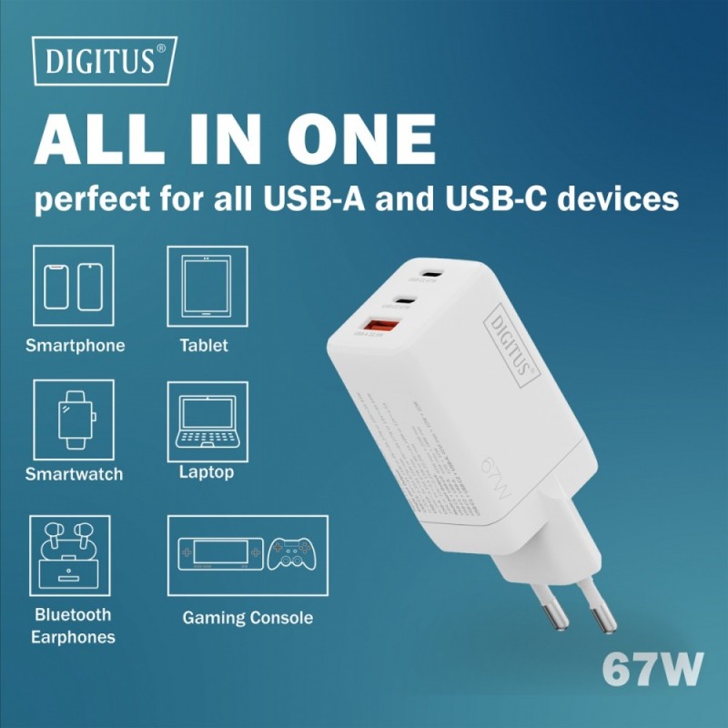 Ładowarka sieciowa DIGITUS GaN II 67W, 2x USB-C, 1x USB-A, P… | PartsPC.pl
