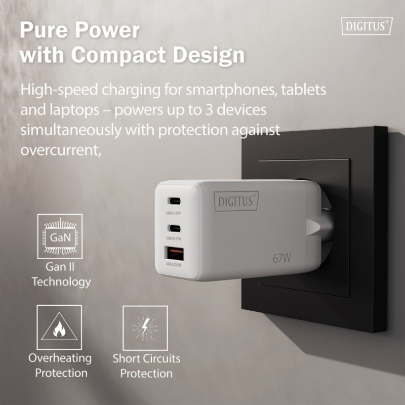 Ładowarka sieciowa DIGITUS GaN II 67W, 2x USB-C, 1x USB-A, P… | PartsPC.pl
