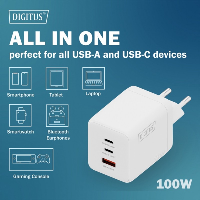 Ładowarka sieciowa DIGITUS GaN II 100W, 2x USB-C, 1x USB-A, … | PartsPC.pl