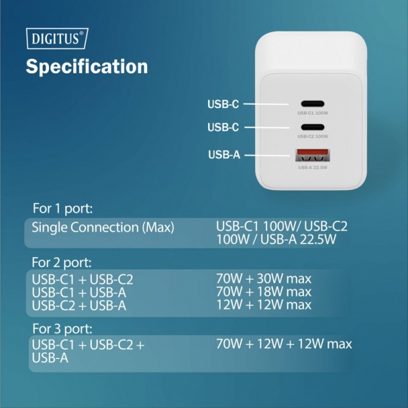 Ładowarka sieciowa DIGITUS GaN II 100W, 2x USB-C, 1x USB-A, … | PartsPC.pl