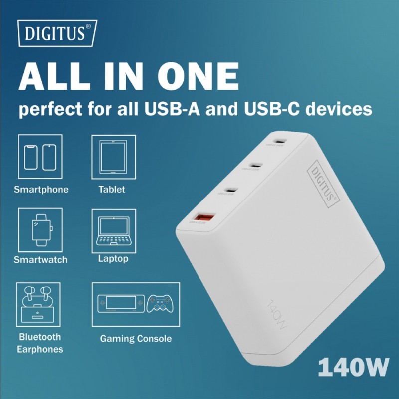 Ładowarka sieciowa DIGITUS GaN II 140W, 3x USB-C, 1x USB-A, … | PartsPC.pl