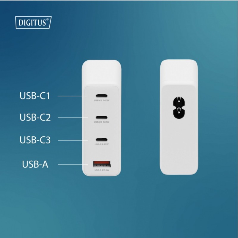 Ładowarka sieciowa DIGITUS GaN II 140W, 3x USB-C, 1x USB-A, … | PartsPC.pl