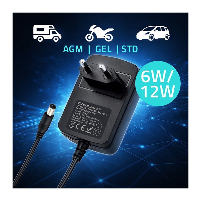 Ładowarka do akumulatora Qoltec 6V/12V 6W | PartsPC.pl