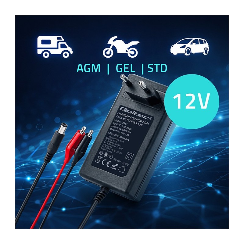 Ładowarka do akumulatora Qoltec 12V | 2A | 24W | PartsPC.pl
