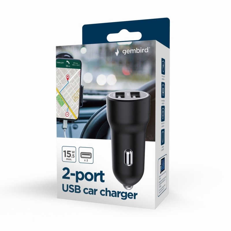 Ładowarka samochodowa USB 2-portowa, 3.1 A, czarna | PartsPC.pl