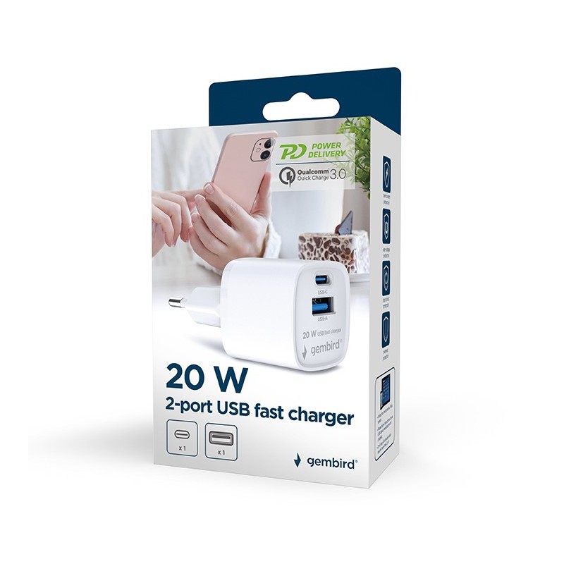 Szybka ładowarka USB z 2 portami i gniazdem AC, 20W, biała | PartsPC.pl