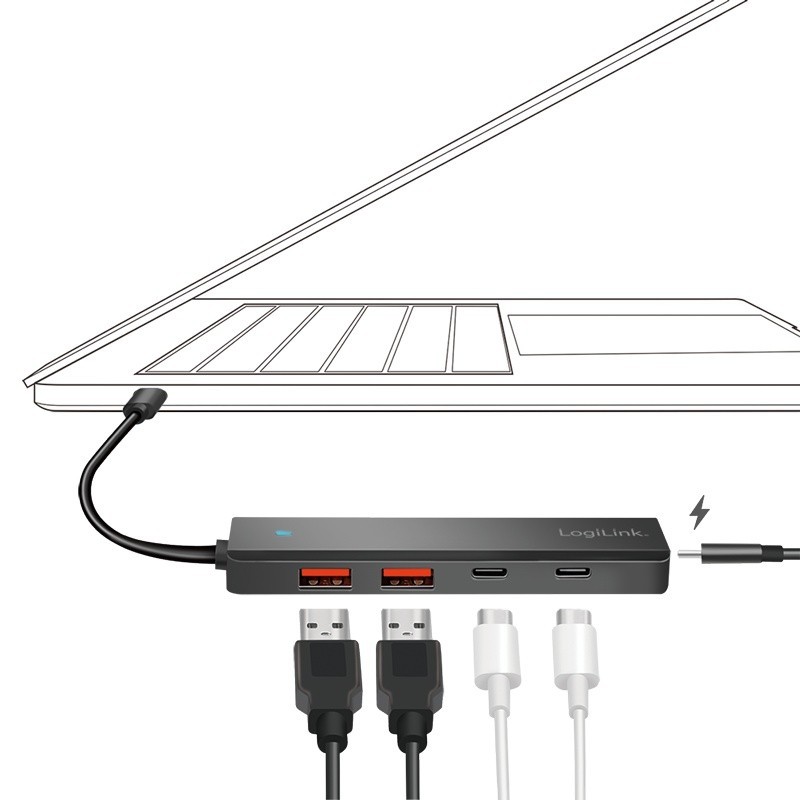 Hub USB-C, 4-porty 2x USB-A,2xUSB-C, czarny | PartsPC.pl