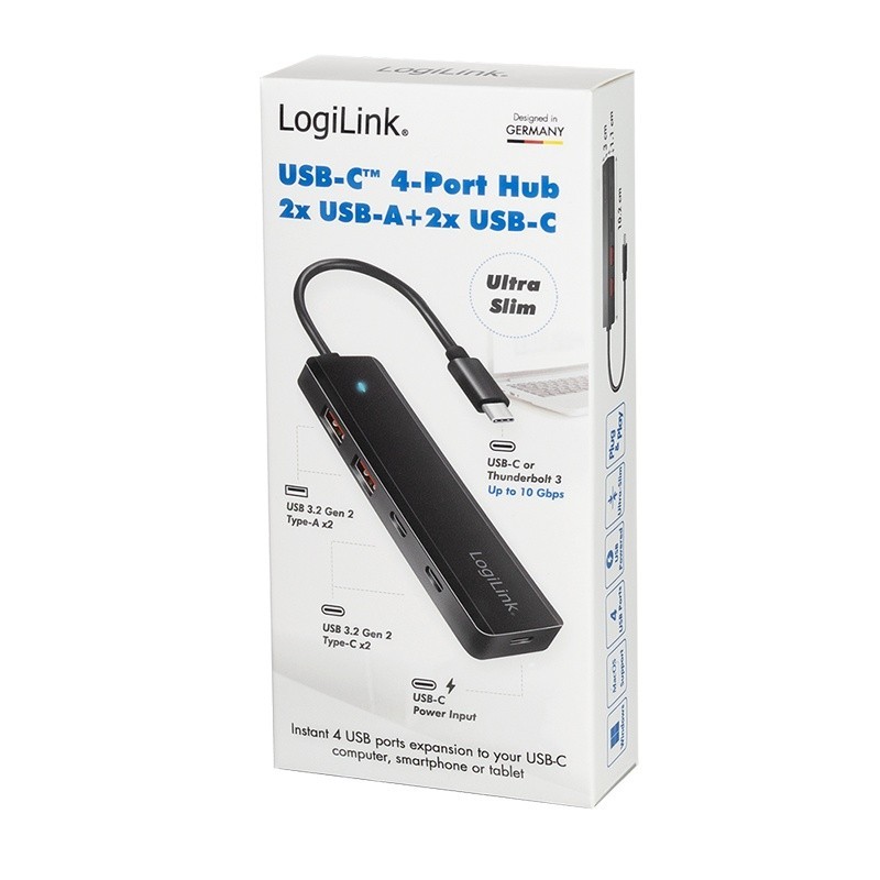 Hub USB-C, 4-porty 2x USB-A,2xUSB-C, czarny | PartsPC.pl