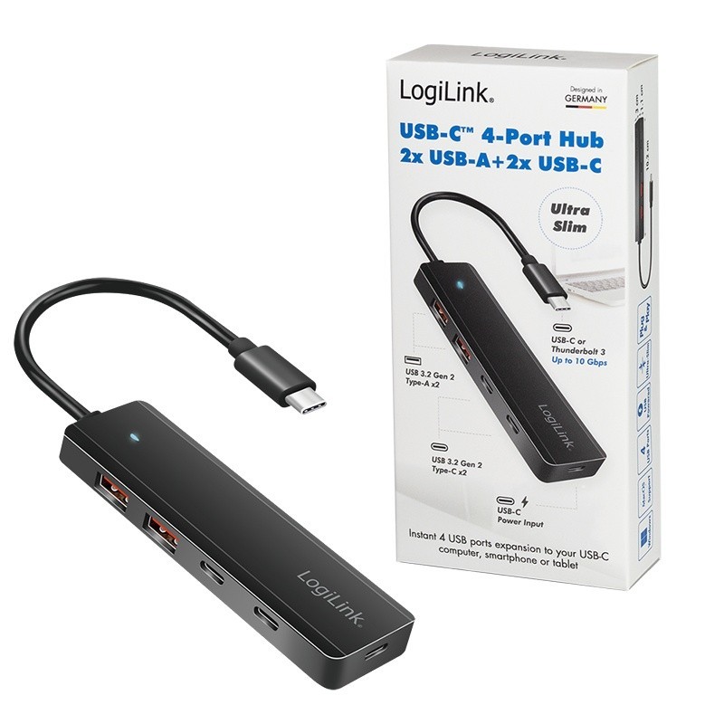 Hub USB-C, 4-porty 2x USB-A,2xUSB-C, czarny | PartsPC.pl