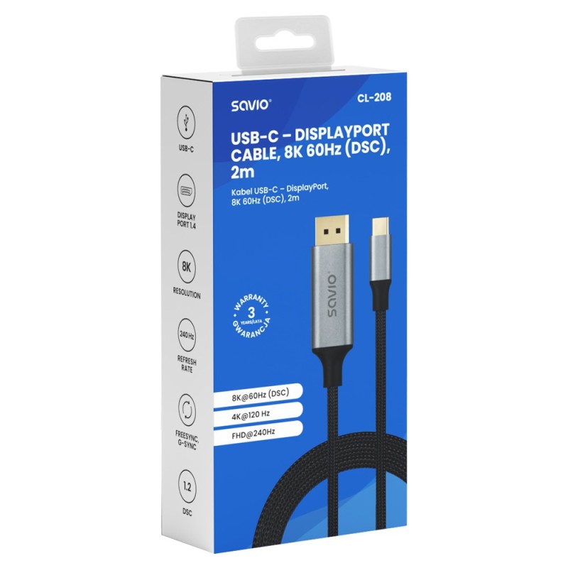 Kabel adapter Savio CL-208 USB-C – DisplayPort 8K 60Hz (DSC)… | PartsPC.pl
