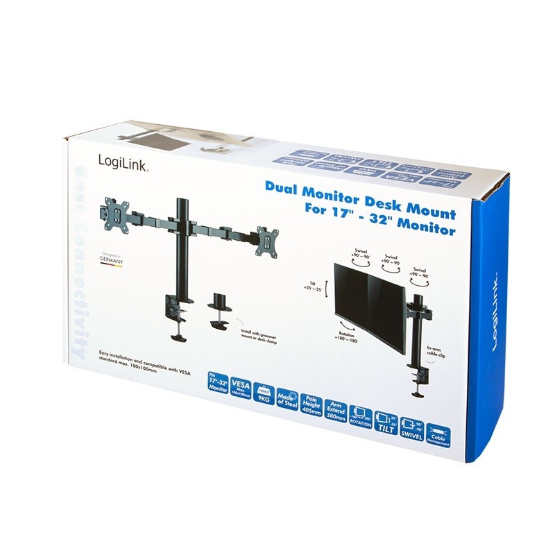 Uchwyt na 2 monitory,17 -32 cale, ramie 380mm,2x12kg | PartsPC.pl