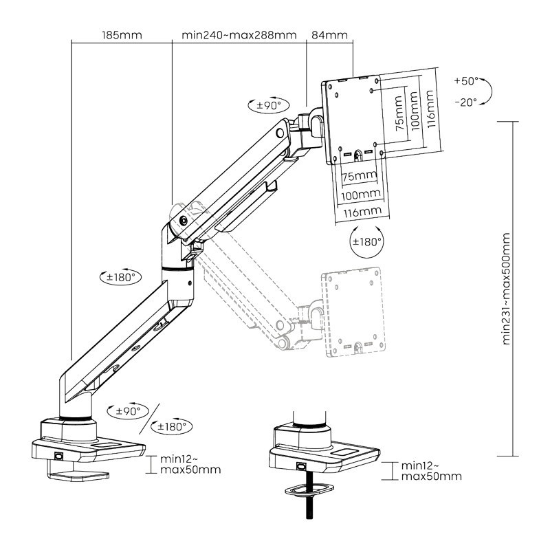 Uchwyt do monitora, VESA ,17-49 cali, max. 20kg | PartsPC.pl