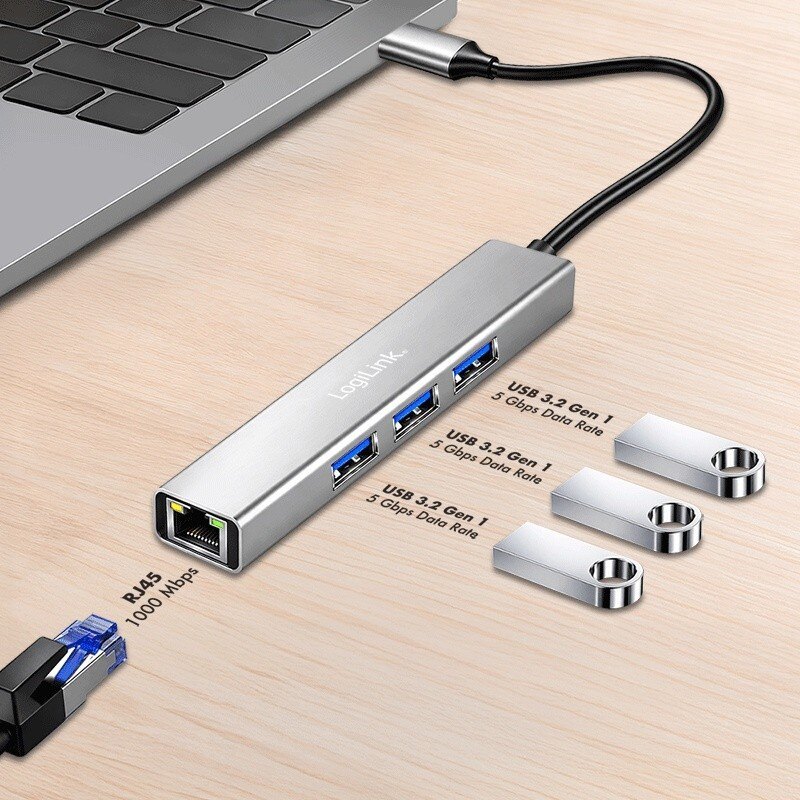 HUB USB3.2 3xUSB-A, 1x RJ45 Gigabit Ethernet | PartsPC.pl