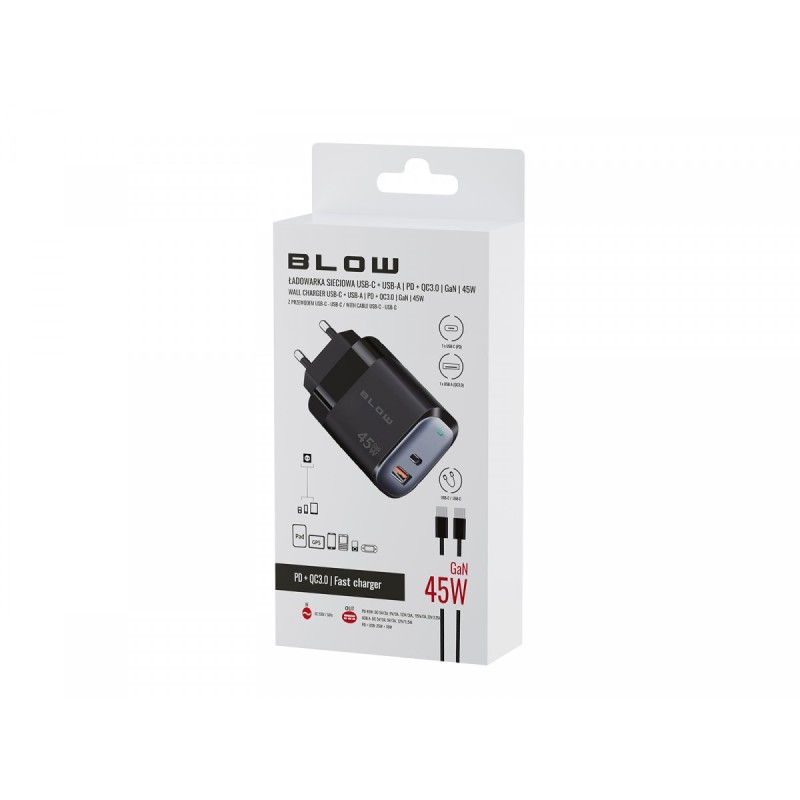 Ładowarka sieciowa gniazdo USB + USB-C PD 45W + kabel | PartsPC.pl