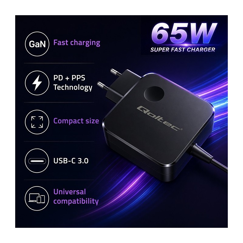 Ładowarka sieciowa GaN 65W | USB-C PD PPS | 5-21V | 3-3.25A | PartsPC.pl