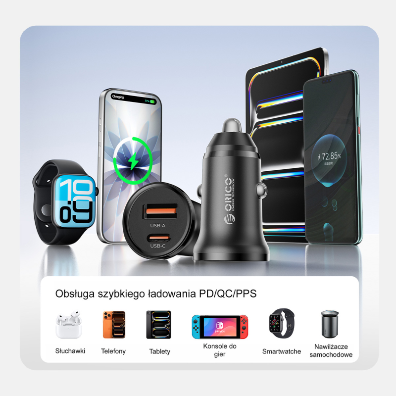 Orico Ładowarka samochodowa PD 65W, USB-C, USB-A, aluminium | PartsPC.pl