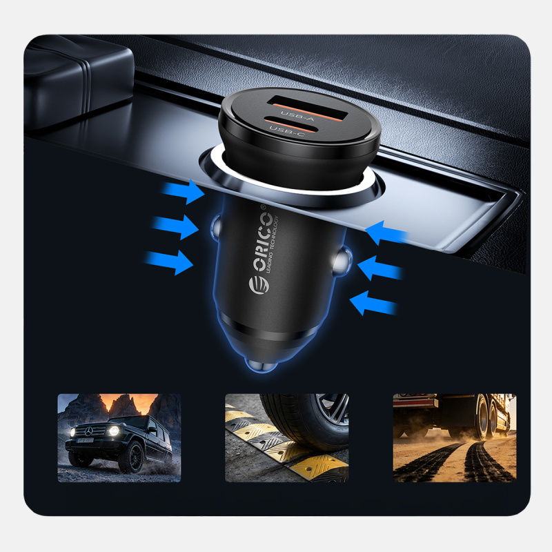 Orico Ładowarka samochodowa PD 65W, USB-C, USB-A, aluminium | PartsPC.pl