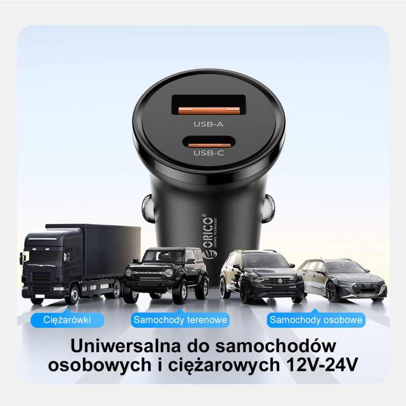 Orico Ładowarka samochodowa PD 65W, USB-C, USB-A, aluminium | PartsPC.pl
