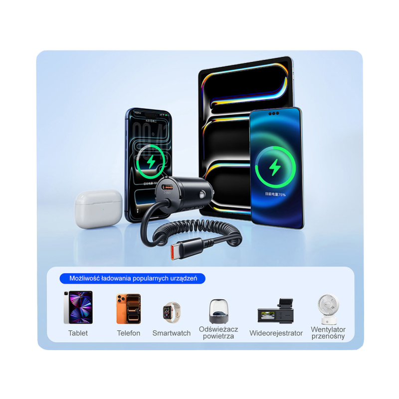 Orico Ładowarka samochodowa PD 30W, 2 x USB-C, z kablem spir… | PartsPC.pl