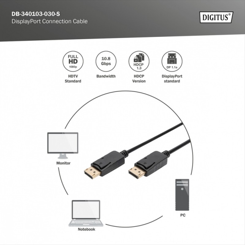 Kabel DisplayPort DIGITUS z zatrzaskami 1080p 60Hz FHD Typ DP/DP M/M czarny