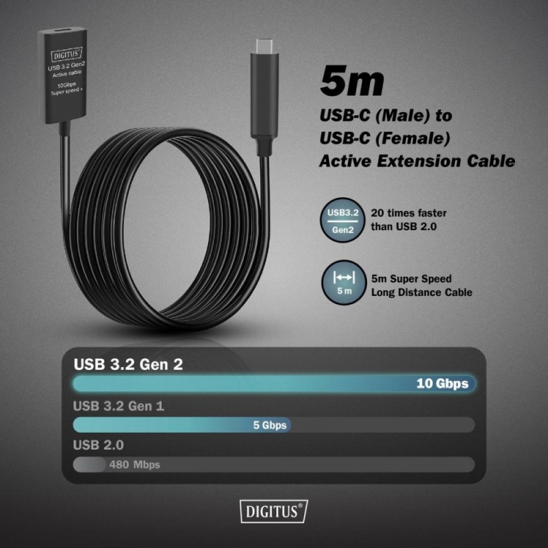 Kabel przedłużający aktywny DIGITUS DA-73112, USB 3.2 Gen2, 10Gbps, USB-C -