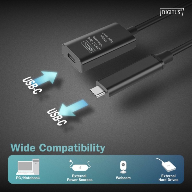 Kabel przedłużający aktywny DIGITUS DA-73112, USB 3.2 Gen2, 10Gbps, USB-C -