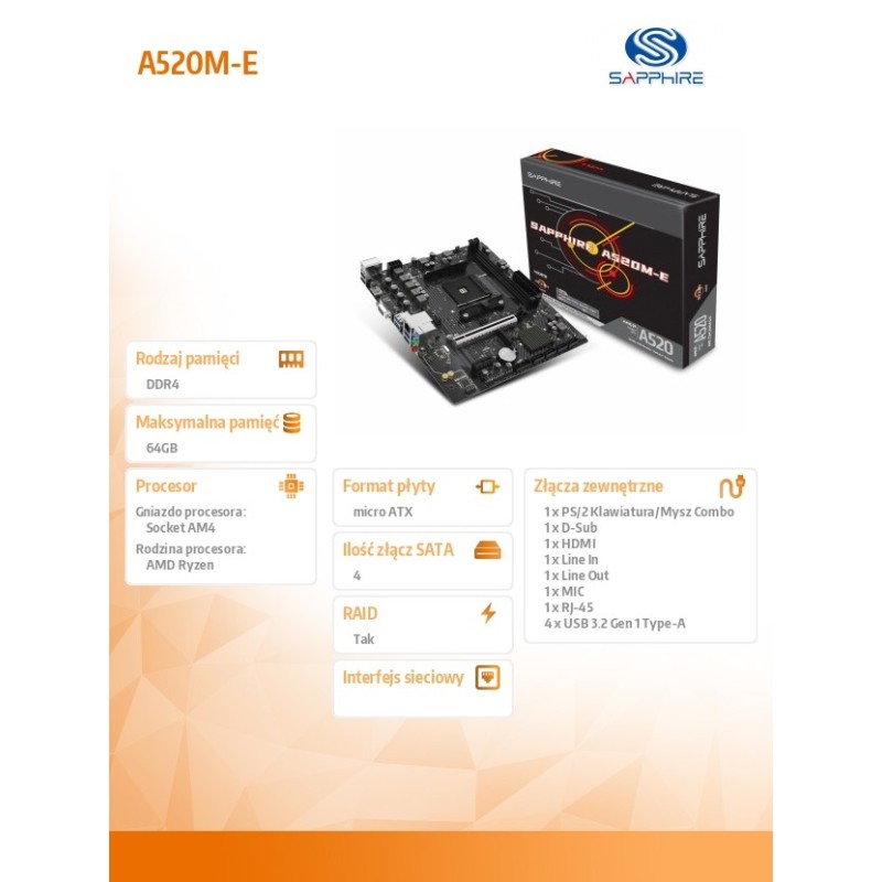 Sapphire Technology Płyta główna A520M-E AM4 2DDR4 mATX | PartsPC.pl