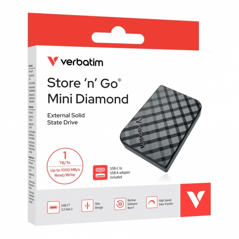 Dysk SSD zewnętrzny Verbatim Store 'n 'Go Mini Diamond 1TB USB-C 3.2 Gen 2